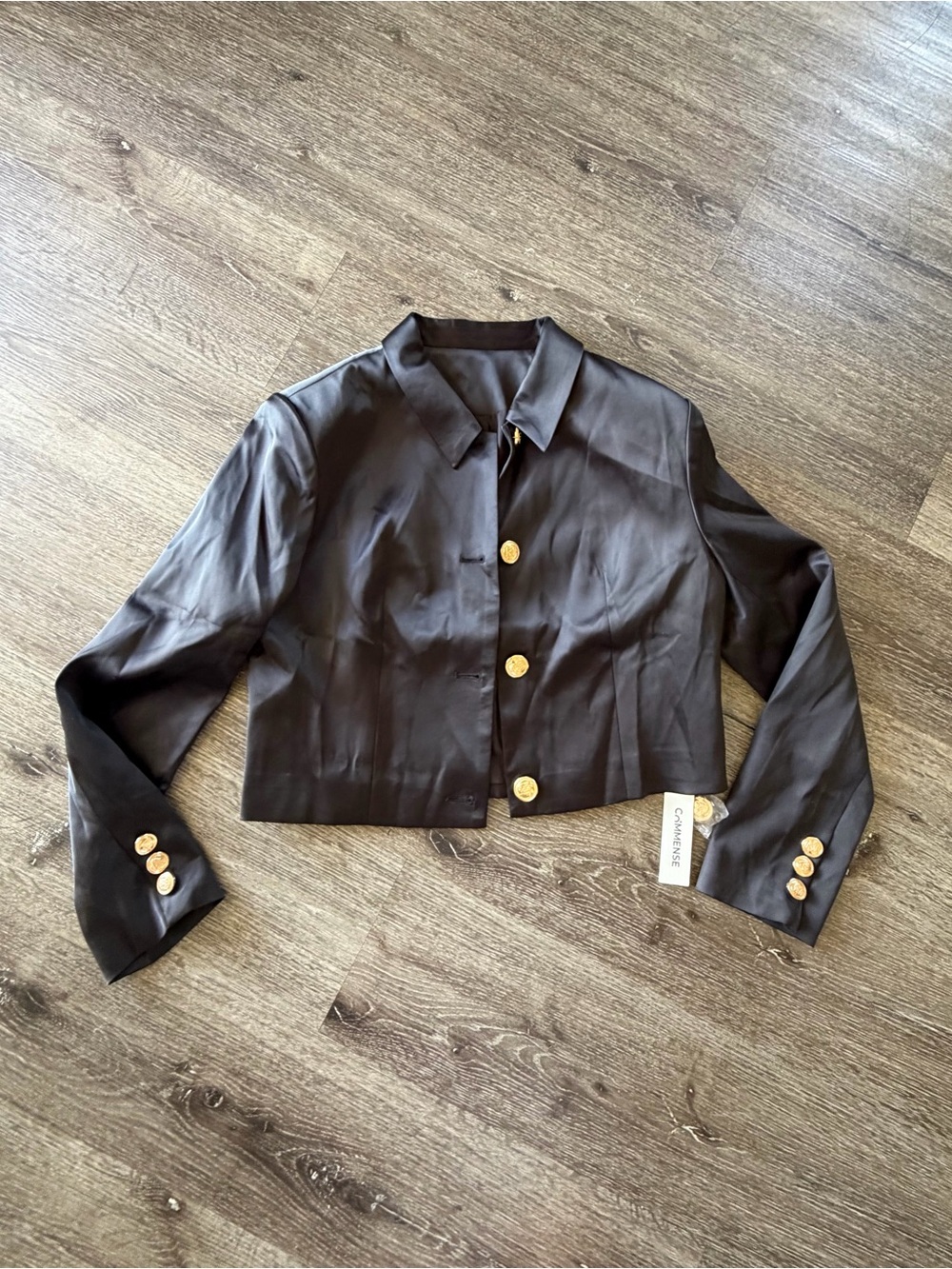 Commense Cropped Brown Satin Jacket with Gold Buttons
